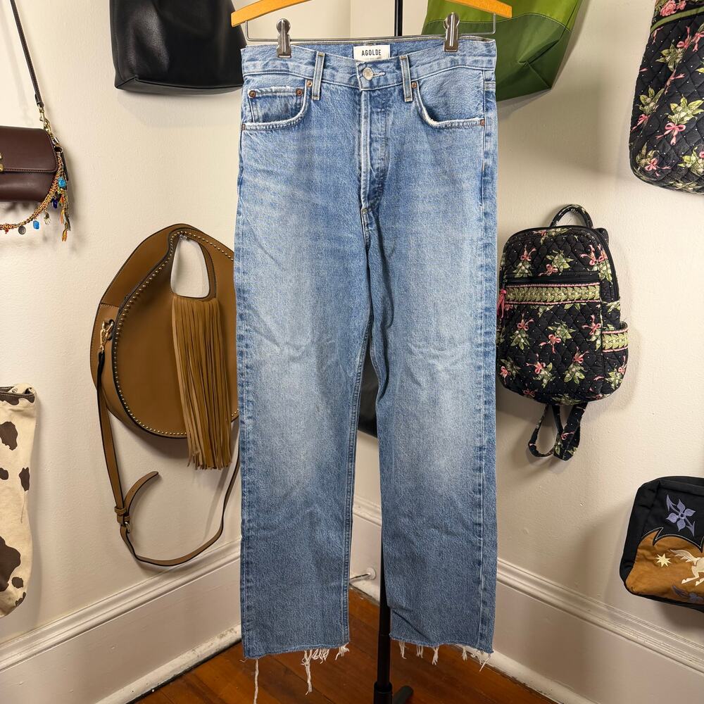 Agolde 90s Pinch Waist Jeans High Rise Straight Button Fly Raw Hem Blue 26